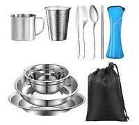 REFORUNG Set de Couverts Camping 11 en 1 Sets de Pique-Nique de Couverts INOX avec Assiette Bol Tasse Fourchette Cuillère Couteau Sac de Voyage, Kit de Vaisselle Camping Portable pour 1-2 Personne