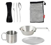 REFORUNG Set de Couverts Camping 8 en 1 Couverts en Acier Inoxydable Kit de Vaisselle Camping avec Assiette Bol Tasse Fourchette Cuillère Couteau Sac de Voyage Portable pour 1 Personne Voyage