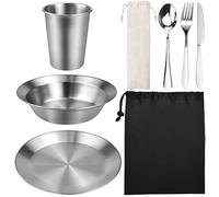 REFORUNG Set de Couverts Camping 8 en 1 Sets de Pique-Nique de Couverts INOX Kit de Vaisselle Camping Portable avec Assiette Bol Tasse Fourchette Cuillère Couteau Sac pour 1-2 Personne Voyage