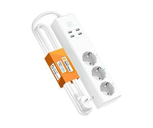 Refoss Multiprise Connectée Compatible avec HomeKit, WiFi Intelligente 3 Prises & 4 USB, Programmable Alexa, Google Home, Contrôle à Distance, 1,8M, 2500W(Type F) Blanc MSS425EHK