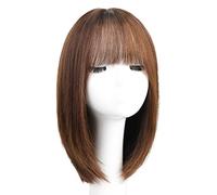 Réfractaire Perruques droites de longueur moyenne pour femme de cheveux humains droites brunes froides perruques de longueur d'épaule de mode avec une frange perruque de quotidienne Ajustable