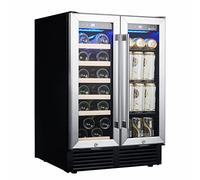 Réfrigérateur à vin 24 pouces, refroidisseur à vin encastré ou autonome à deux zones avec double porte vitrée, mini réfrigérateur silencieux avec compresseur, conserve 19 bouteilles de vin et 57 canet