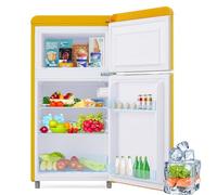 Réfrigérateur Avec Compartiment Congélateur, Combiné Réfrigérateur-Congélateur, Réfrigérateur Double Porte 72 Litres Avec Congélateur 21 L, Réfrigérateur Rétro, LED,Yellow