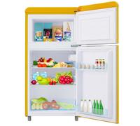 Refrigerateur double porte retro jaune 72 L avec congelateur 21 L, eclairage LED