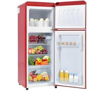 Réfrigérateur rétro : Combinaison réfrigérateur-congélateur à deux portes avec un volume total de 92 litres, un éclairage LED et une consommation d'énergie de 181 kWh/an,Red