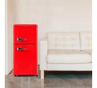 Réfrigérateur Rétro. Congélateur Combiné. Hauteur : 88,8 cm, Largeur : 45,5 cm, Deux Portes, Volume Total : 60 litres, Compartiment Congélateur : 22 litres. Consommation : 102 kwh/An,Red