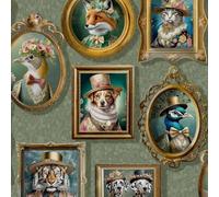 Regal Beasts Animaux Chiens Renards Paons en costumes Papier peint vert sauge pour murs et chambres, couloirs, salles de repos - Imprimé animal chien chat renard paon artistique - mur élégant et