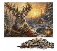 Regal Deer Portrait with Festive Wreath Puzzle en Bois, 300 pièces | Cadeau du Nouvel An pour passionné avec activité autour de la table à son propre rythme.
