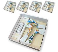 Regalami. Shop Lot de 6 croix Tau en marbre de Carrare 14 cm avec frises à relief et impression complète avec boîte, carte et porte-dragées en animal transparent. Bonbonnière fabriquée en Italie. (6