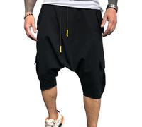 RegaliaKun Pantalon hippie 3/4 pour homme avec entrejambe tombant - Short sarouel Genie - Short capri en coton - Jambe large, Noir , XL
