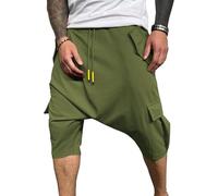 RegaliaKun Pantalon hippie 3/4 pour homme avec entrejambe tombant - Short sarouel Genie - Short capri en coton - Jambe large, vert militaire, XL