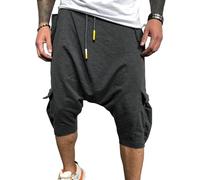 RegaliaKun Pantalon hippie 3/4 pour homme avec entrejambe tombant - Short sarouel Genie - Short capri en coton - Jambe large, gris foncé, XL