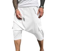 RegaliaKun Pantalon hippie 3/4 pour homme avec entrejambe tombant - Short sarouel Genie - Short capri en coton - Jambe large, blanc, XL