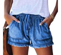 RegaliaKun Short à franges en coton et lin pour femme - Taille élastique - Pantalon court d'été décontracté 2025 tendance, noir foncé, M