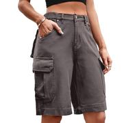RegaliaKun Short en jean pour femme - Bermuda cargo pour femme - Longueur genou - 6 poches - Taille élastique - Short long pour l'été décontracté, gris, XL