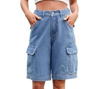 RegaliaKun Short en jean pour femme - Bermuda cargo pour femme - Longueur genou - 6 poches - Taille élastique - Short long pour l'été décontracté, denim, XXL