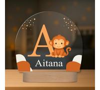 Regalos Maya Lampe Enfant Personnalisée avec Prénom et Initiale - Veilleuse LED - Cadeau Original pour Bébé, Baptême ou Anniversaire (Singe)