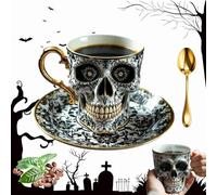 REGAPOG Royal Skull Coffee Mug, Mug Crâne Gothique avec Soucoupe, Tasse à Café et Thé Crâne avec Bordure Dorée, Tasse Halloween Originale, For Coffee Lovers and Collectors,Cadeau Femme (A)