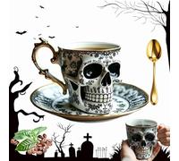 REGAPOG Royal Skull Coffee Mug, Mug Crâne Gothique avec Soucoupe, Tasse à Café et Thé Crâne avec Bordure Dorée, Tasse Halloween Originale, For Coffee Lovers and Collectors,Cadeau Femme (B)
