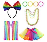 Regenbogen Kostüm Set, 7-teilig, Clown Kostüm Zirkus Outfit Set mit Regenbogen Tutu Rock, Gestreiften Socken, Y-Back Trägern, Haarbändern Fliege Karneval, Halloween
