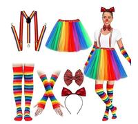 Regenbogen Kostüm Set, 7-teilig, Clown Kostüm Zirkus Outfit Set mit Regenbogen Tutu Rock, Gestreiften Socken, Y-Back Trägern, Haarbändern Fliege Karneval, Halloween