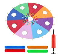 Regenbogen-Spiel-Fallschirm mit 9 Löchern, 4 Luftstäben und Blasebalg, Polyesterstoff, Wackelmaus-Spiel, interaktives Spielzeug, zum Spielen drinnen und draußen
