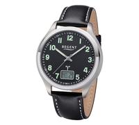 REGENT Montre radio-pilotée analogique et numérique en titane pour homme avec bracelet en cuir et chiffres arabes, noir/noir, Sangles