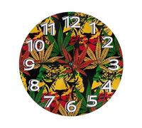 Reggae Marijuana Feuilles Lion Drapeau Ronde Cuisine Horloge Moderne Horloge Analogique Silencieuse Pendule Murale pour Chambre Bar Salon 25Cm