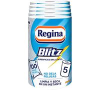 Regina Blitz Papier de Cuisine | 5 Rouleaux | 100 Feuilles Maxi-3 Couches | Idéal pour Nettoyer Les Surfaces domestiques | sans Peluches | Emballage en Papier Recyclable | Papier 100% certifié FSC