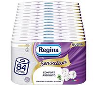 Regina Sensation Papier toilette | Lot de 84 rouleaux à 3 couches, 160 déchirures par rouleau | Confort absolu avec extrait naturel de coton | Maxi feuilles | Papier 100% certifié FSC®
