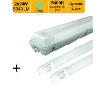 Réglette à tube traversant IP65 150cm + 2 tubes LED 2x24W 4800lm 6500K - garantie 2 ans