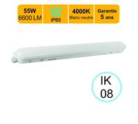 Réglette LED étanche 1500mm 55W 6600 LM 4000K IP65 - traversant - garantie 5 ans