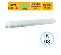 Réglette LED étanche 1500mm 55W 6600 LM 6500K IP65 - traversant - garantie 5 ans