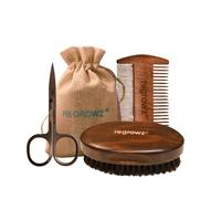 Regrowz Kit de toilettage de barbe pour homme et coffret cadeau - Brosse en poils de sanglier en bois, ciseaux à barbe et peigne antistatique pour soins de la moustache et des poils du visage - Kit de