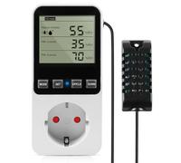 Régulateur de température et d'humidité 230V avec sonde - Thermostat numérique Hygrostat avec prise, minuterie, alarme et contrôleur pour serre, aquarium, terrarium et culture de champignons