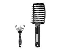 REhair Brosse à cheveux 2 en 1 en poils de sanglier + outil de nettoyage de brosse à cheveux (brosse noire + nettoyant noir)
