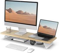 Réhausseur D'Écran D'Ordinateur, Dual Support De Moniteur Portable, Pour 2 Moniteurs, Pc, Tv, Ordinateur, Imprimante, 80×23,5×10Cm, Charge De 25Kg, Chêne