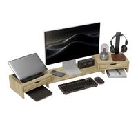 Rehausseur écran PC bureau - HOMCOM - 60-116 cm - 2 tiroirs - longueur et angle réglables - chêne