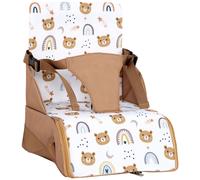 TINÉO - Réhausseur Nomade - Adaptable A Toutes Les Chaises - Ultra Compact - Transportable - Harnais De Sécurité - Rangement Compartimenté Et Fermé Dans L'Assise (Camel Ourson)