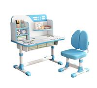 Reheyre Ensemble bureau et chaise pour enfants, bureau rose avec hauteur réglable, tiroirs et rangement, tables et chaises d'apprentissage pour enfants, filles (double dossier, bleu)