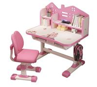 Reheyre Ensemble bureau et chaise pour enfants, hauteur réglable, bureau élargi, multi-séparations, motif dessin animé, table d'étude avec tiroir, bureau pour enfant pour rentrée scolaire, cadeau rose