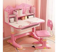 Reheyre Ensemble de bureau et de chaise pour enfants, Bureau rose avec hauteur réglable, tiroirs et rangement, Tables et chaises d'apprentissage pour enfants, filles avec motif de dessin animé (Rose)