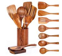 REHOC Lot de 9 cuillères en bois pour la cuisine, ustensiles en bois pour la cuisine avec support d'ustensiles, ensemble d'ustensiles de cuisine en bois de teck