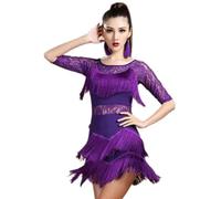 REHOOF Vêtements De Danse Latine Robe De Danse Latine À Manches Courtes Gland De Danse Latine Robe Une Pièce for Femme Tango De Salle De Bal Cha Cha Rumba Costumes Salsa Jazz B,XL(55-62.5kg)