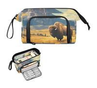 Reiacy American Bison Grande trousse à crayons avec poignée, grande capacité pour filles, garçons, femmes, idéale pour les voyages, l'école, le bureau