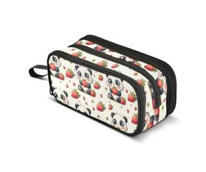 Reiacy Trousse à crayons mignons avec petits pandas et fraises pour garçons et filles, grande capacité, 3 compartiments, trousse à crayons pour l'école, le bureau, le travail