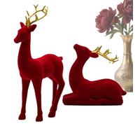 Reindeer Christmas Decor Flocking Deer Figures 2 pièces Red and Green Aesthetic Standing Sitting Elk Statue for Workplace Bedside Table Party Kitchen