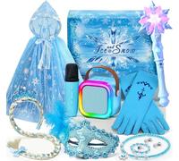 Reine des Neiges Jouet Cadeau Fille 4 5 6 7 8 Ans, LED Micro Karaoke Enfants avec & Micro & Elsa Déguisement Accessoires & Baguette Magique, Elsa Cadeau pour Enfant Fille