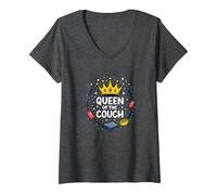 Reine du canapé : détente Royale drôle Lounge T-Shirt avec Col en V, Femme, Chiné Foncé, XXL