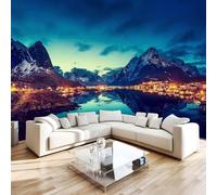 Reine Norvège Une Petite Ville Papier Peint 300 x 256 cm (B x H) 3D Montagne Mural Poster Murale Intissé pour Chambre Salon Restaurant Personnalisé Décoration Personnalisé Décoration Murale W-4